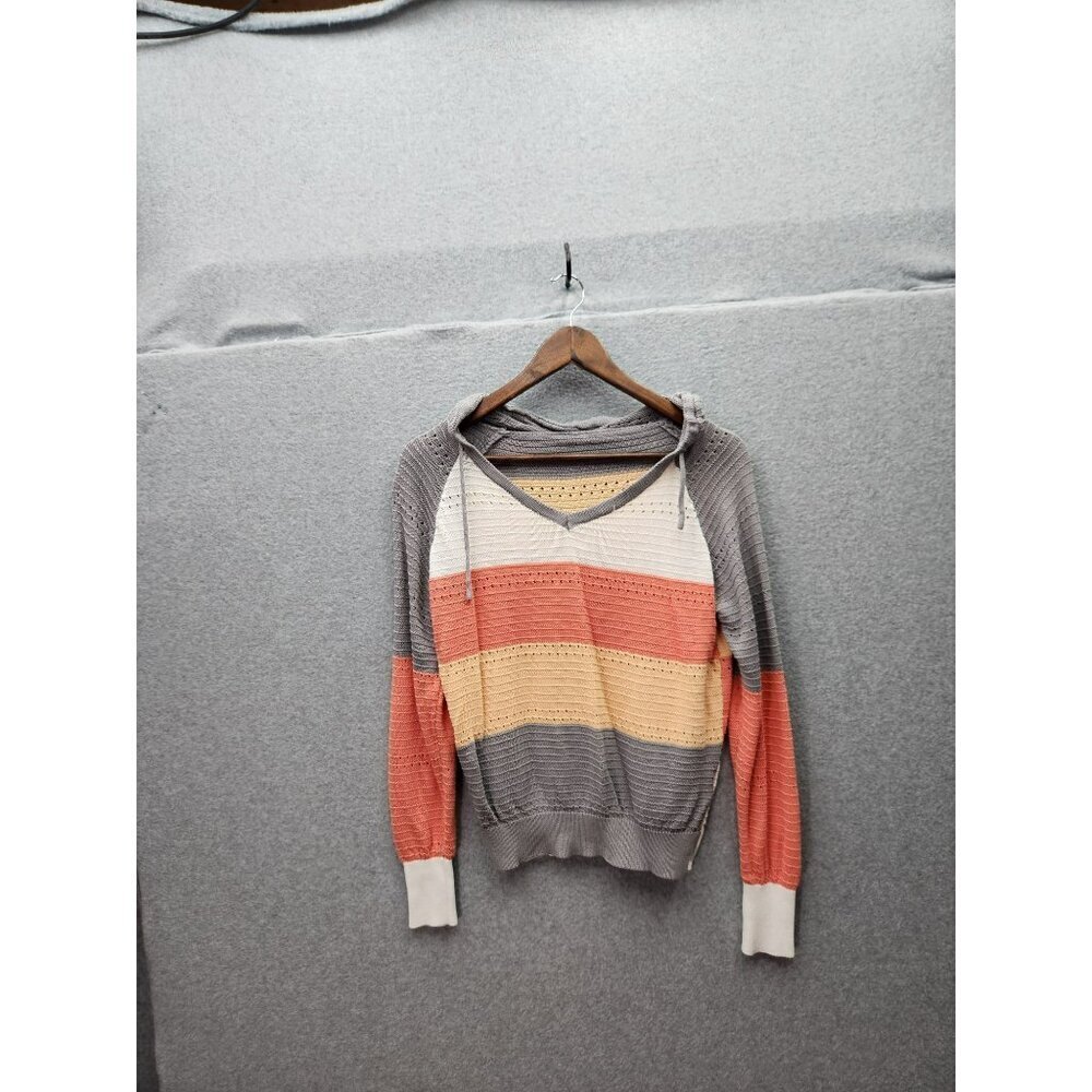 Striped Lightweight Knit Hoodie Sweater For Women Medium Acrylic Multicolor Gray